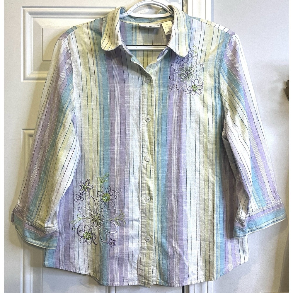 Alfred Dunner Womens 14P Pastel Striped Button Up Shirt Floral Embroidered